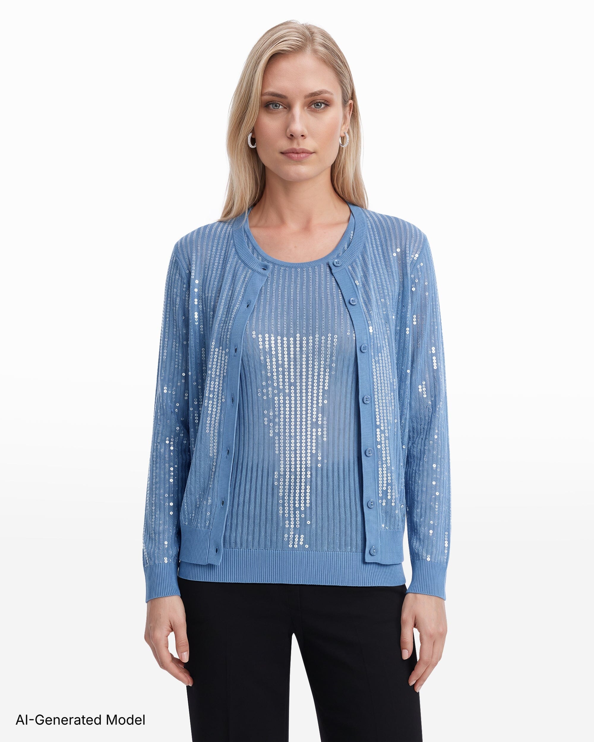 Anne Klein Crew Neck Button-Front Cardigan with Clear Sequins