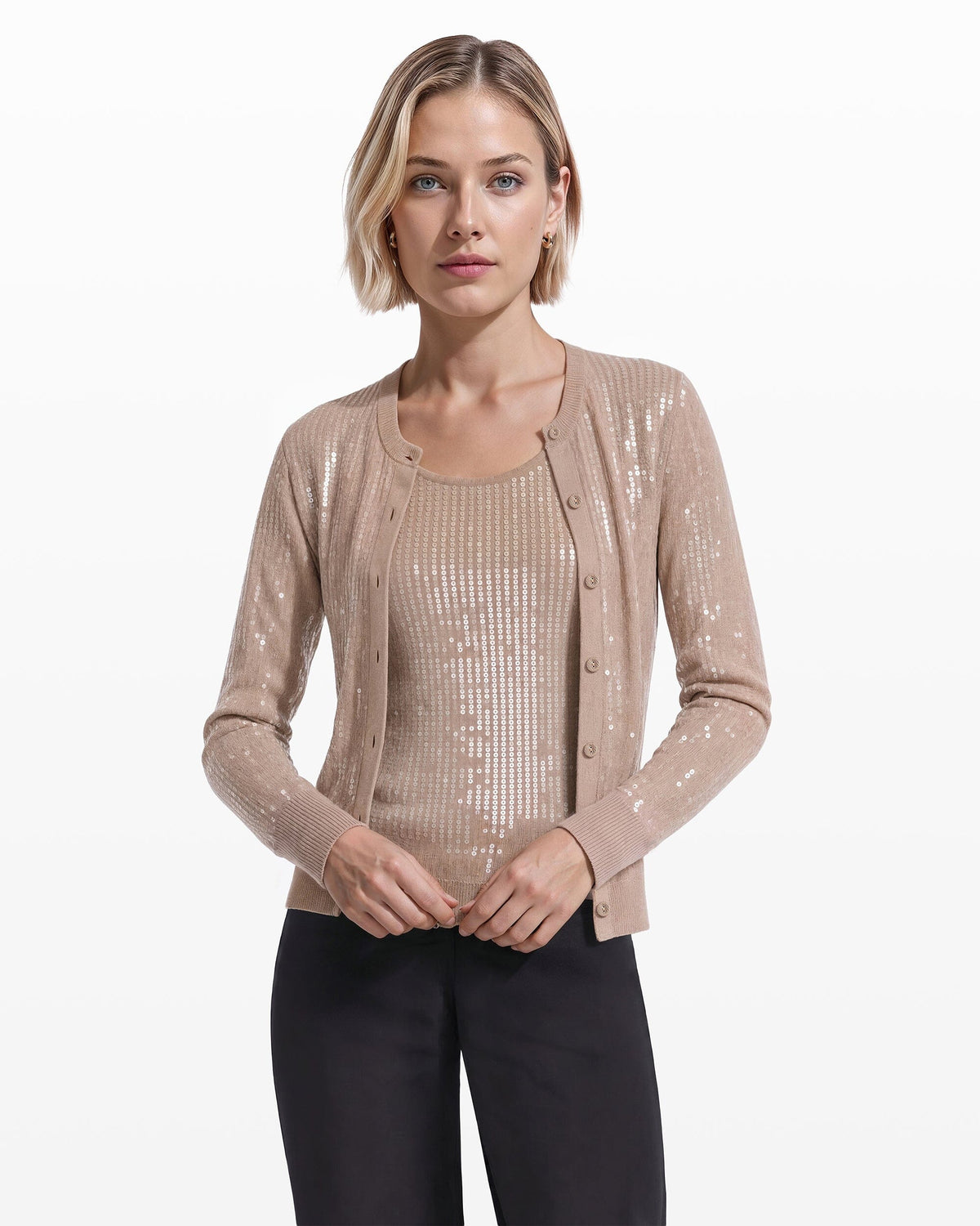 Anne Klein Crew Neck Cardigan with Sequins