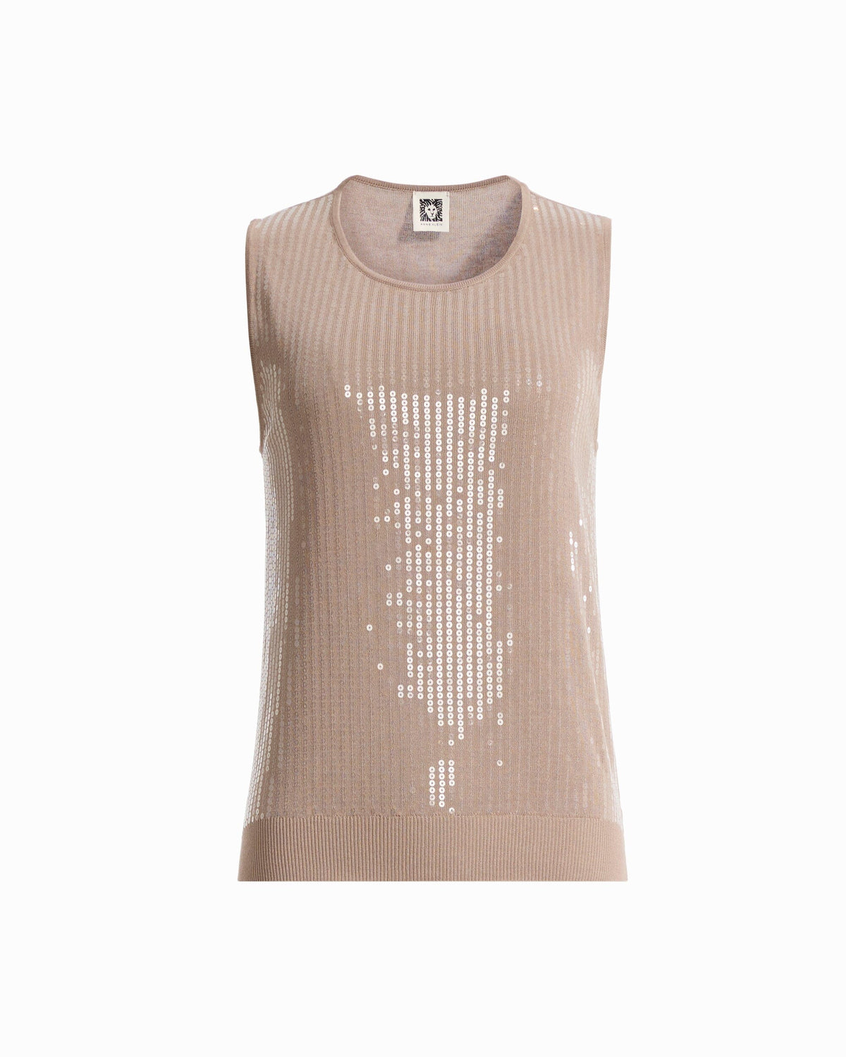 Anne Klein NATURAL CLAY High Crew Neck Sleeveless Sweater With Clear Sequins
