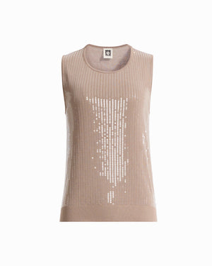 Anne Klein NATURAL CLAY High Crew Neck Sleeveless Sweater With Clear Sequins