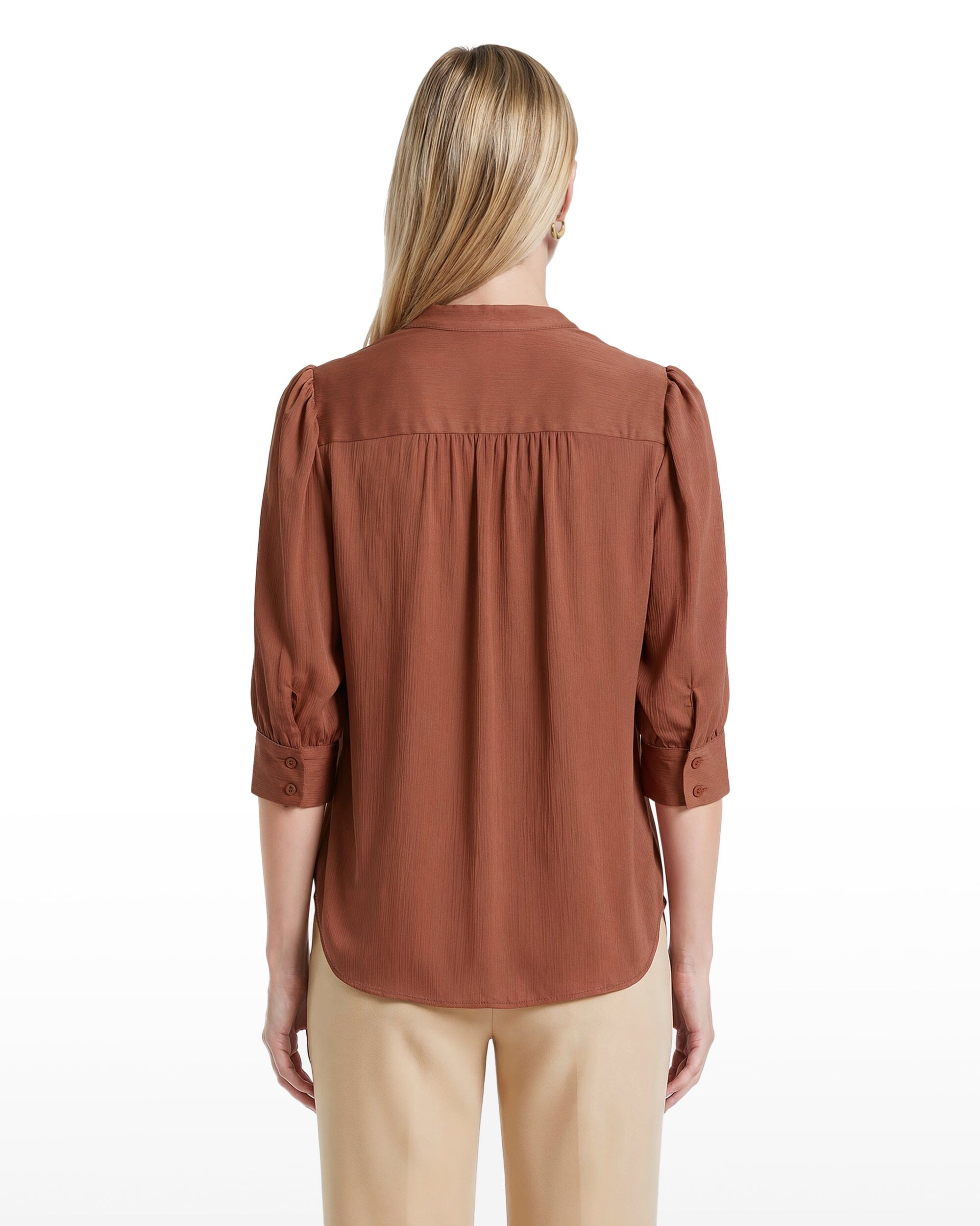 Y-Neck Woven Top with Short Puff Sleeves Apparel & Accessories Kasper