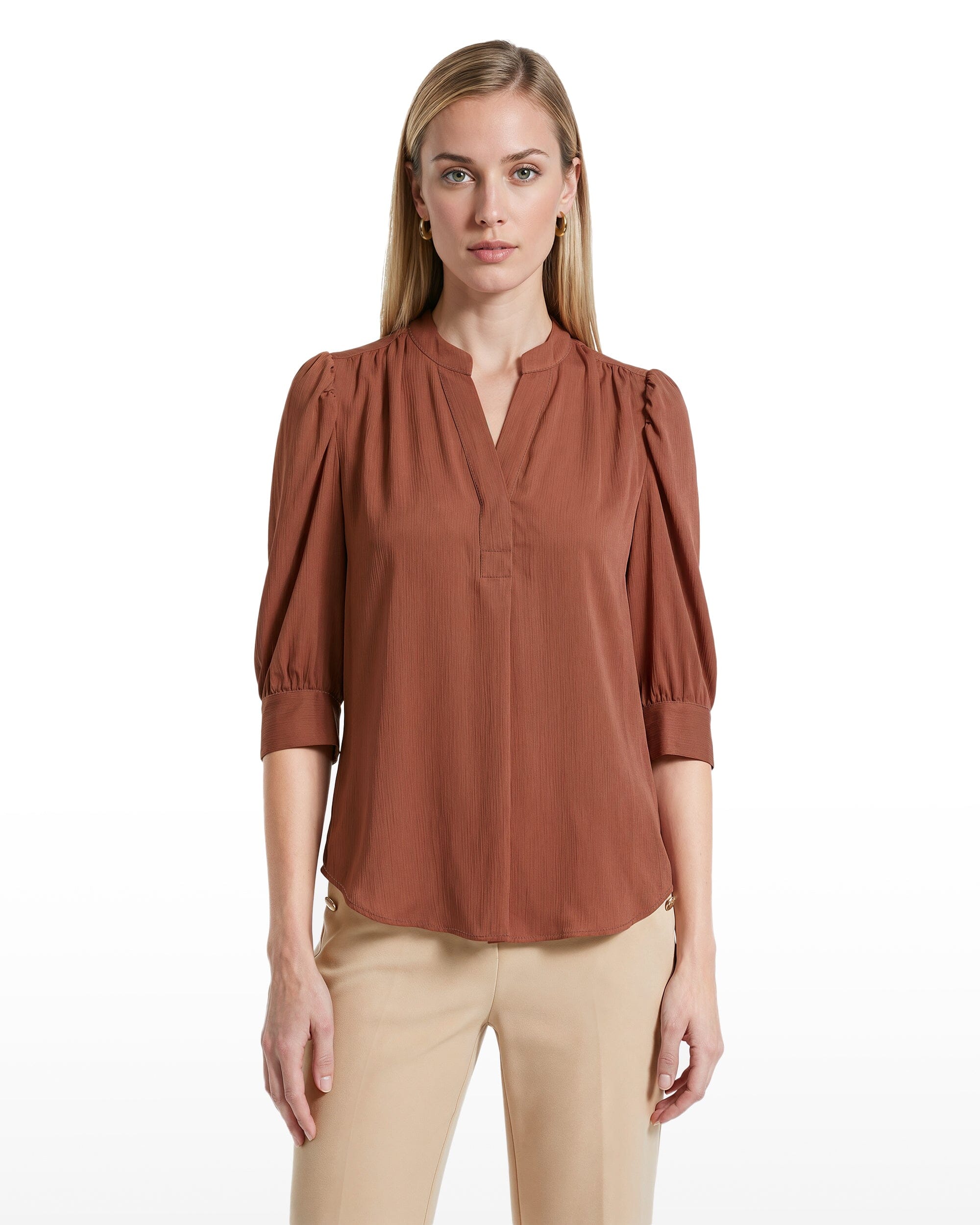 Y-Neck Woven Top with Short Puff Sleeves Apparel & Accessories Kasper