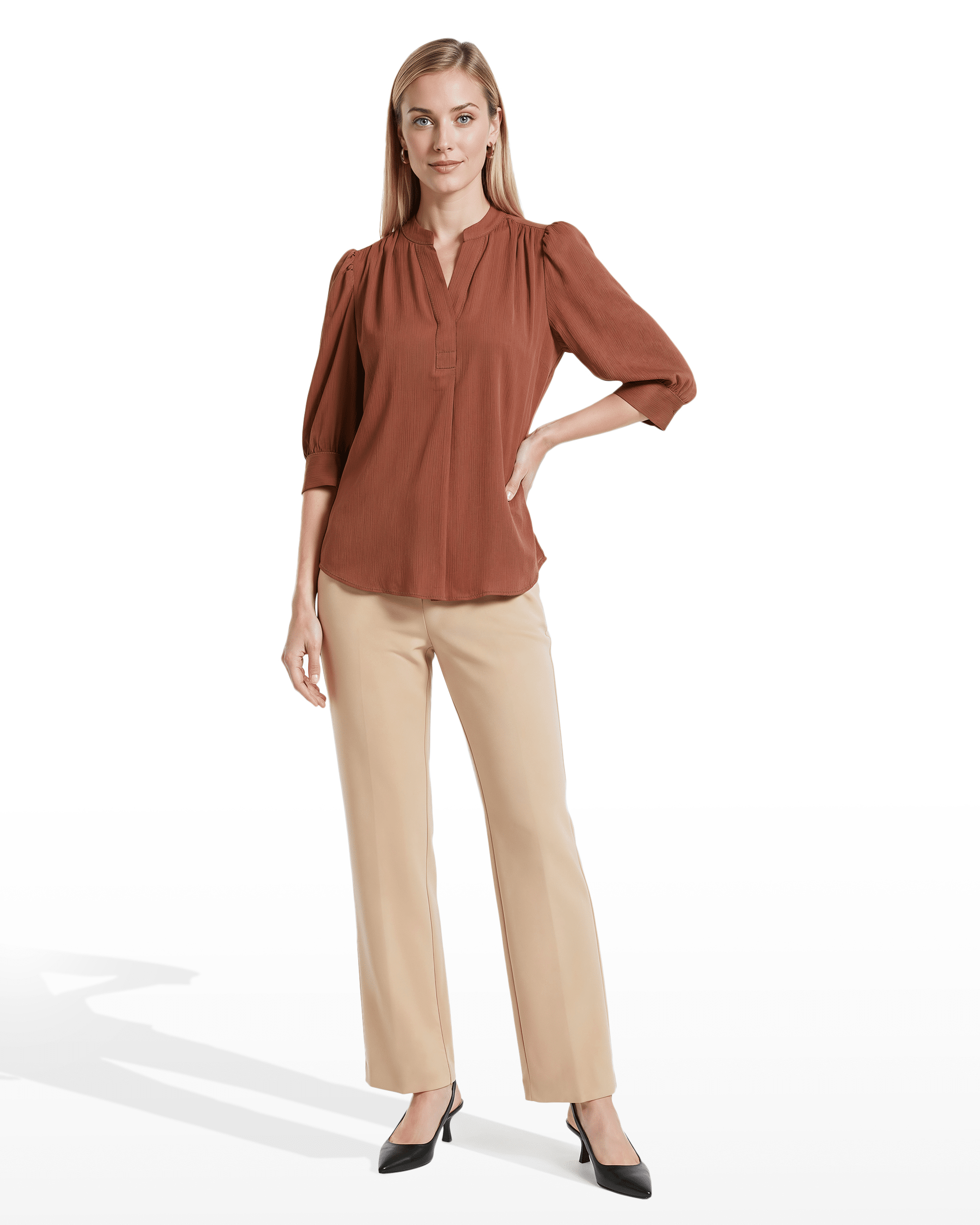 Y-Neck Woven Top with Short Puff Sleeves Apparel & Accessories Kasper