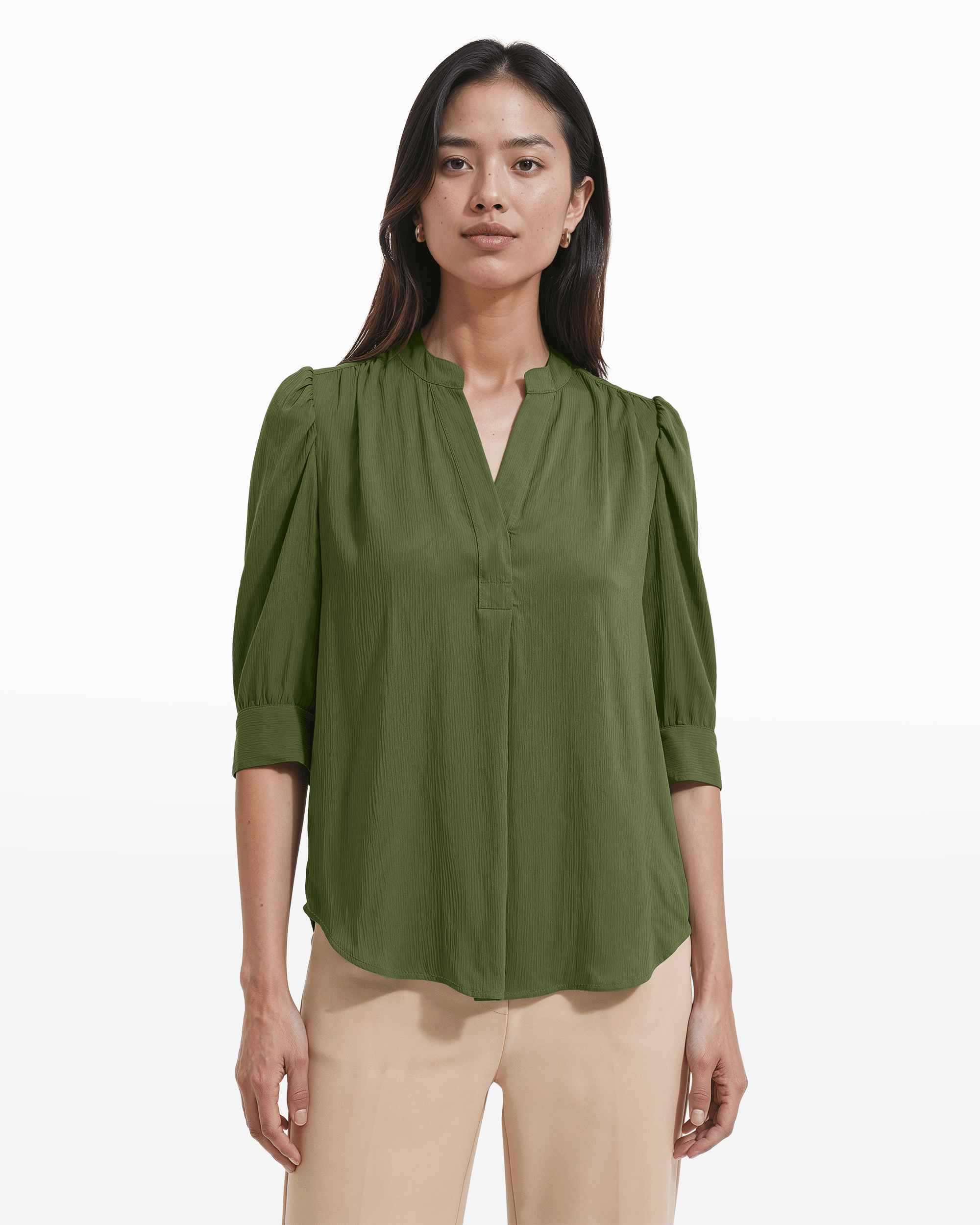 Y-Neck Woven Top with Short Puff Sleeves Apparel & Accessories Kasper