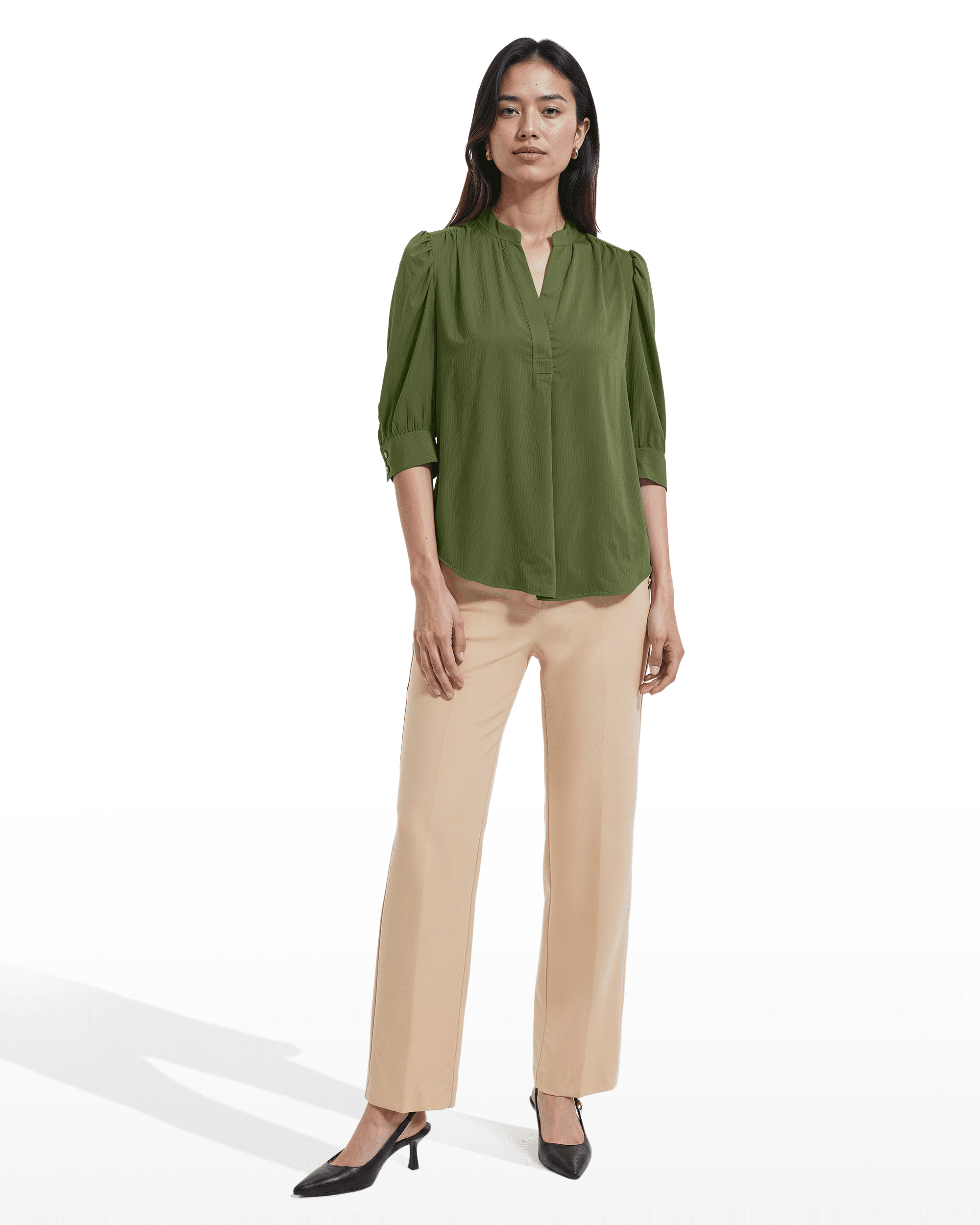 Y-Neck Woven Top with Short Puff Sleeves Apparel & Accessories Kasper