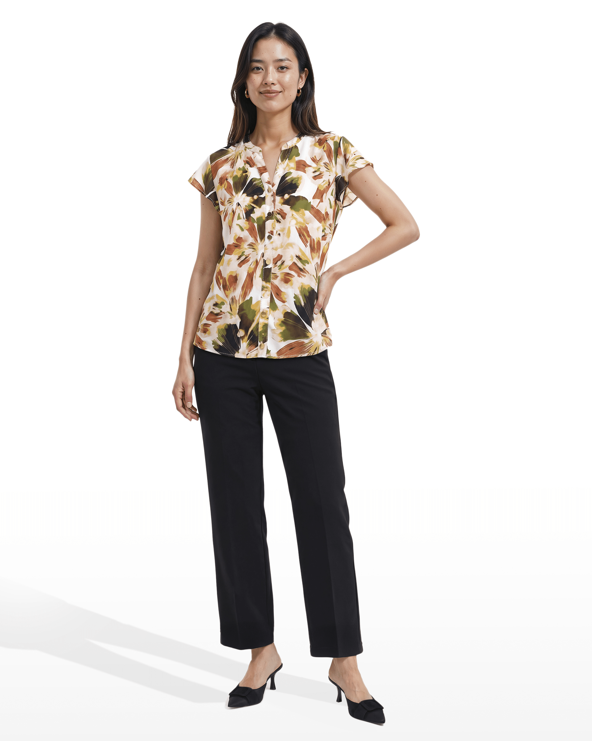 Flutter Sleeve Y-Neck Button Front Blouse Apparel & Accessories Kasper