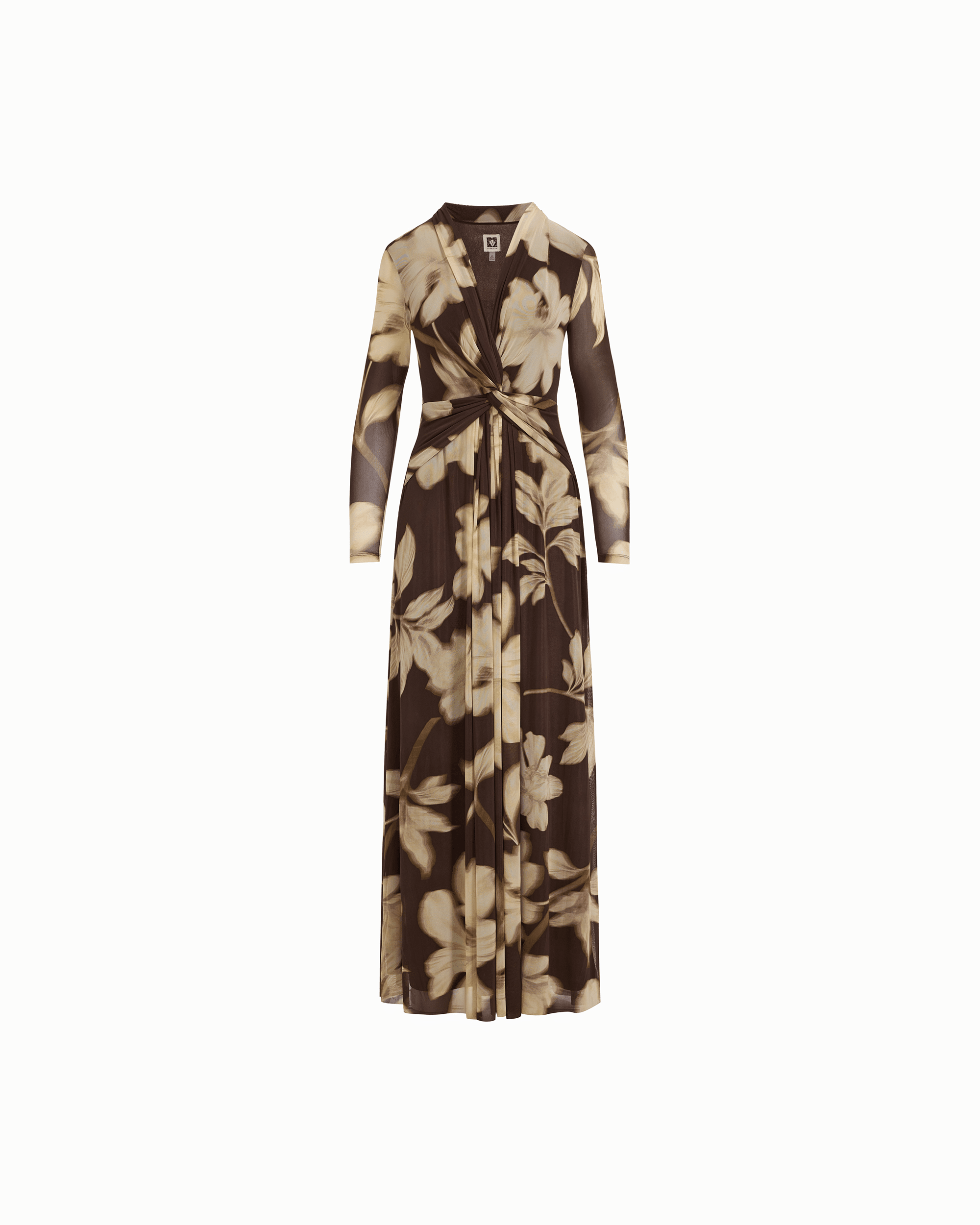 Anne Klein Plus Size Printed Twist-Front Long-Sleeve Mesh Maxi Dress - Molasses Multi