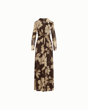 Anne Klein MOLASSES MULTI Twist Front V-Neck Long Sleeve Maxi Dress