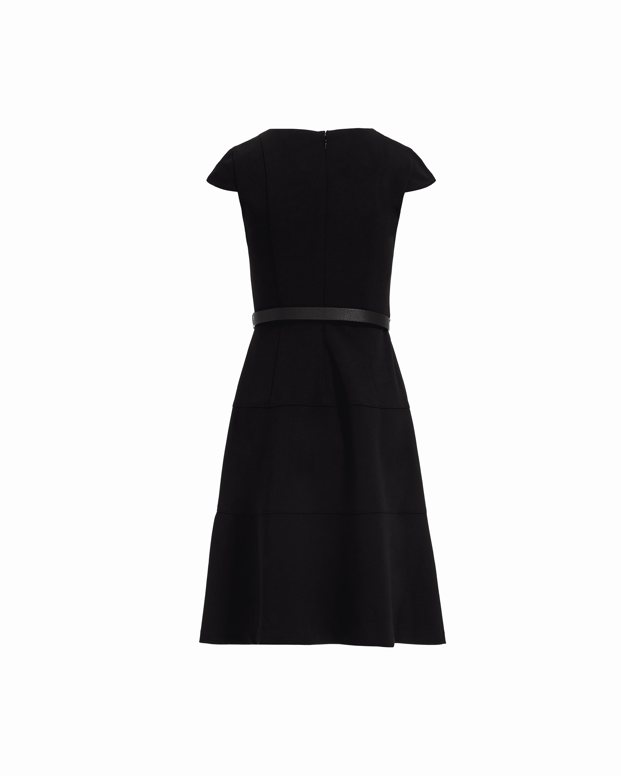 Black cap sleeve belted crew neck dress with A-line tiered skirt and back zipper closure