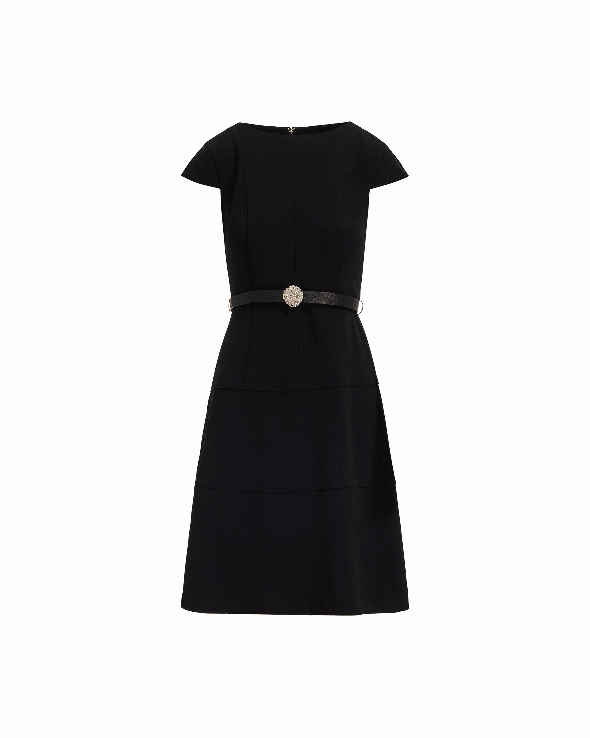 Black cap sleeve belted dress with tiered A-line skirt and jewel buckle belt, shown flat against white background