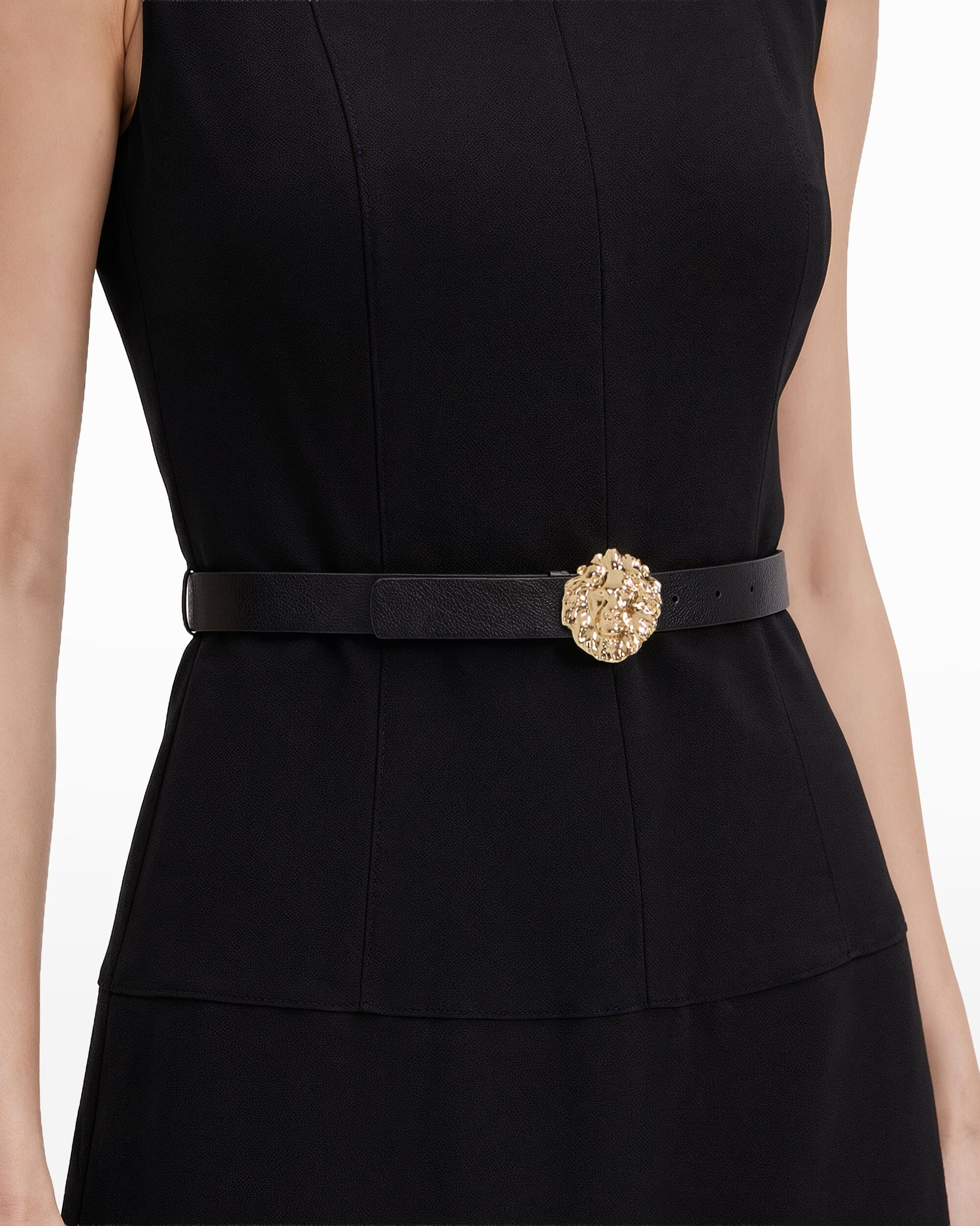 Black cap sleeve belted midi dress with jewel buckle, boat neckline, and tiered A-line skirt