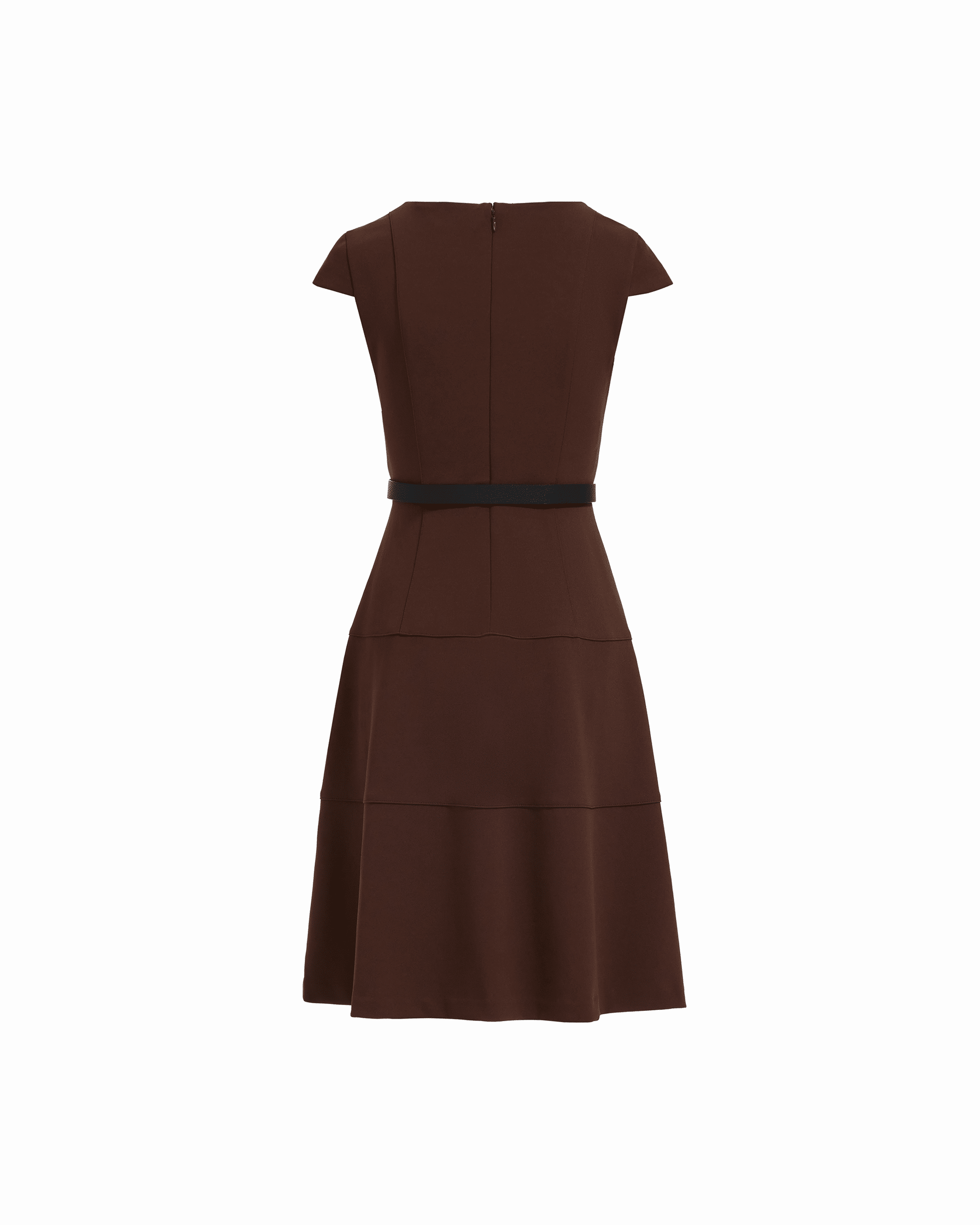 Dark brown cap sleeve fit-and-flare dress with black belt, tiered skirt, crew neck, and back zipper closure