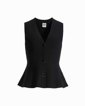 Anne Klein ANNE BLACK Sleeveless V-Neck Peplum Button-Front Vest Sweater