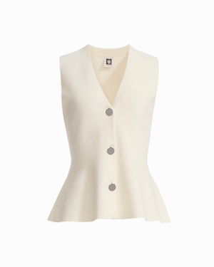 Anne Klein WHITE DOVE Sleeveless V-Neck Peplum Button-Front Vest Sweater