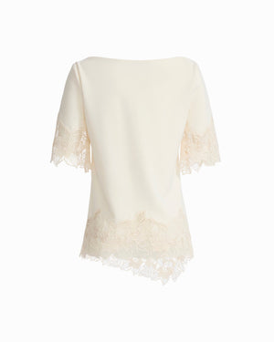 Anne Klein Boat Neck Asymmetric Lace Hem Knit Top