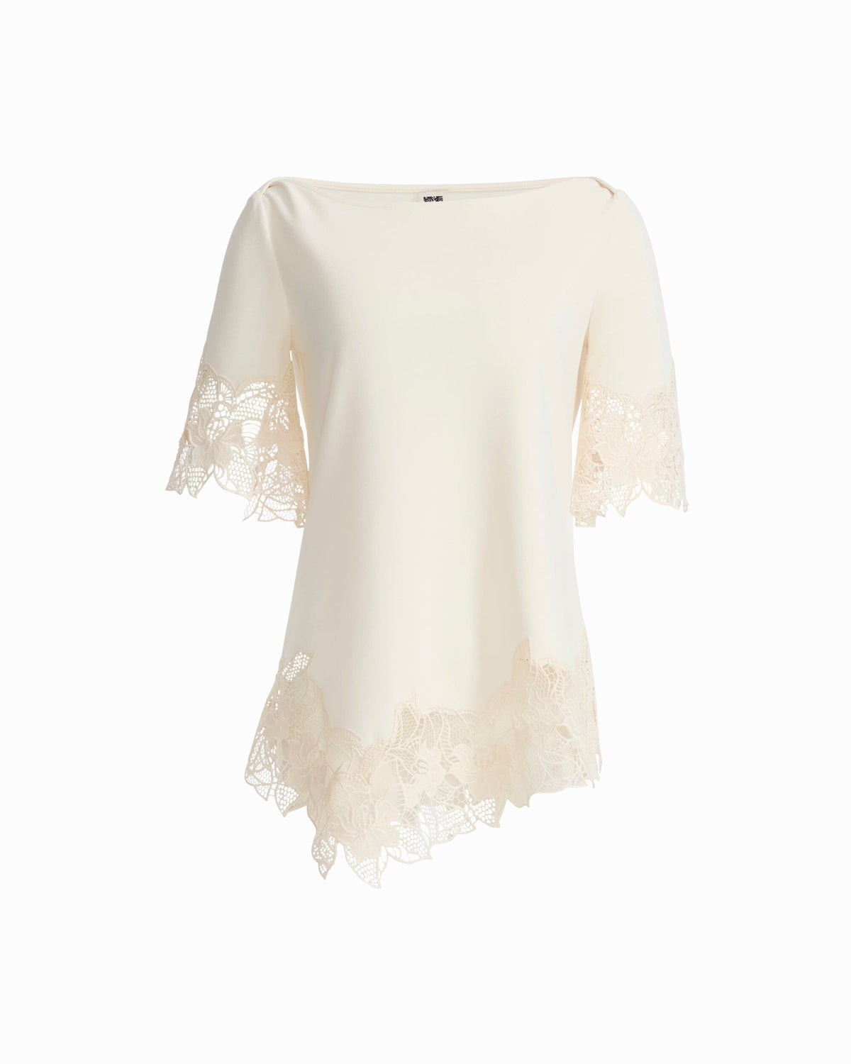 Anne Klein WHITE DOVE Boat Neck Asymmetric Lace Hem Top