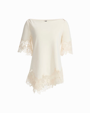 Anne Klein WHITE DOVE Boat Neck Asymmetric Lace Hem Knit Top