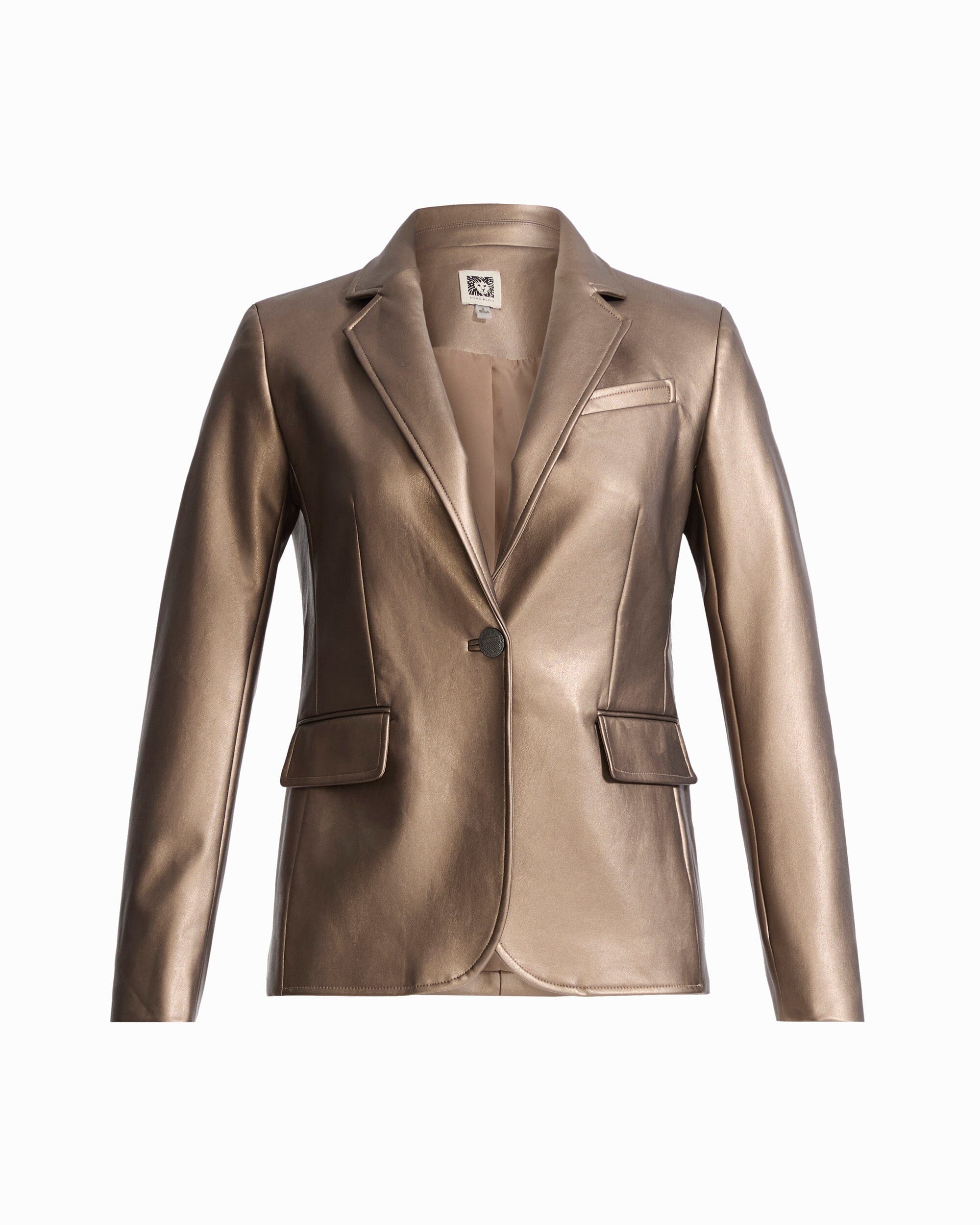 Anne Klein NATURAL CLAY METALLIC One-Button Notch Lapel Long Sleeve Jacket