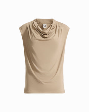 Anne Klein NATURAL CLAY Sleeveless Extended Shoulder Cowl Neck Knit Top