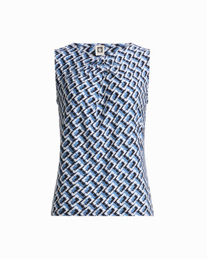 Anne Klein DUTCH BLUE MULTI Asymmetric Pleat Cowl Neck Sleeveless Knit Shell Top