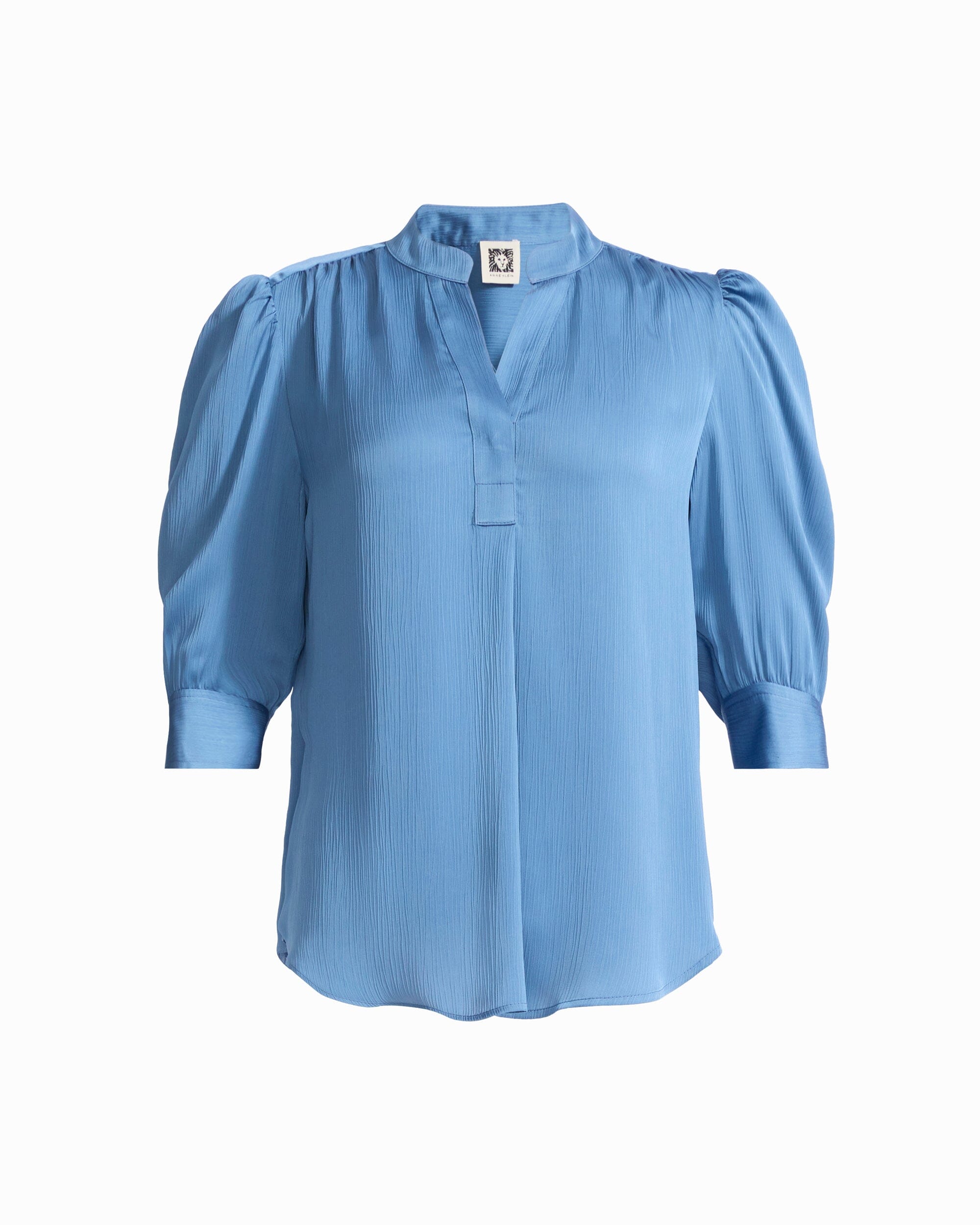 Anne Klein DUTCH BLUE Y-Neck Long Sleeve Top with Short Puff Sleeves
