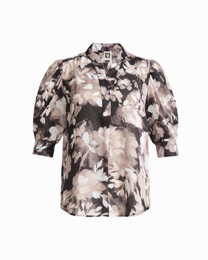 Anne Klein ANNE BLACK/LATTE Y-Neck Top with Short Puff Sleeves