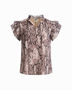 Anne Klein NATURAL CLAY MULT Ruffle Sleeve Tie-Front Collared Blouse