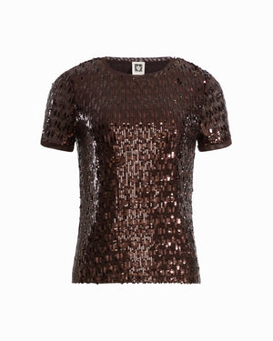 Anne Klein DEEP MAHOGANY Sequin Crew Neck Knit Top
