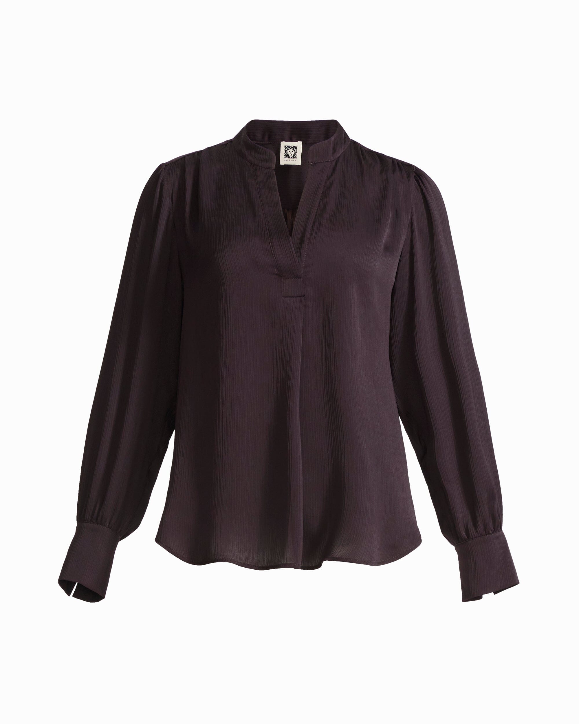Anne Klein DEEP MAHOGANY Long Sleeve V-Neck Pleated Front Blouse