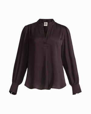 Anne Klein DEEP MAHOGANY Long Sleeve V-Neck Pleated Front Blouse