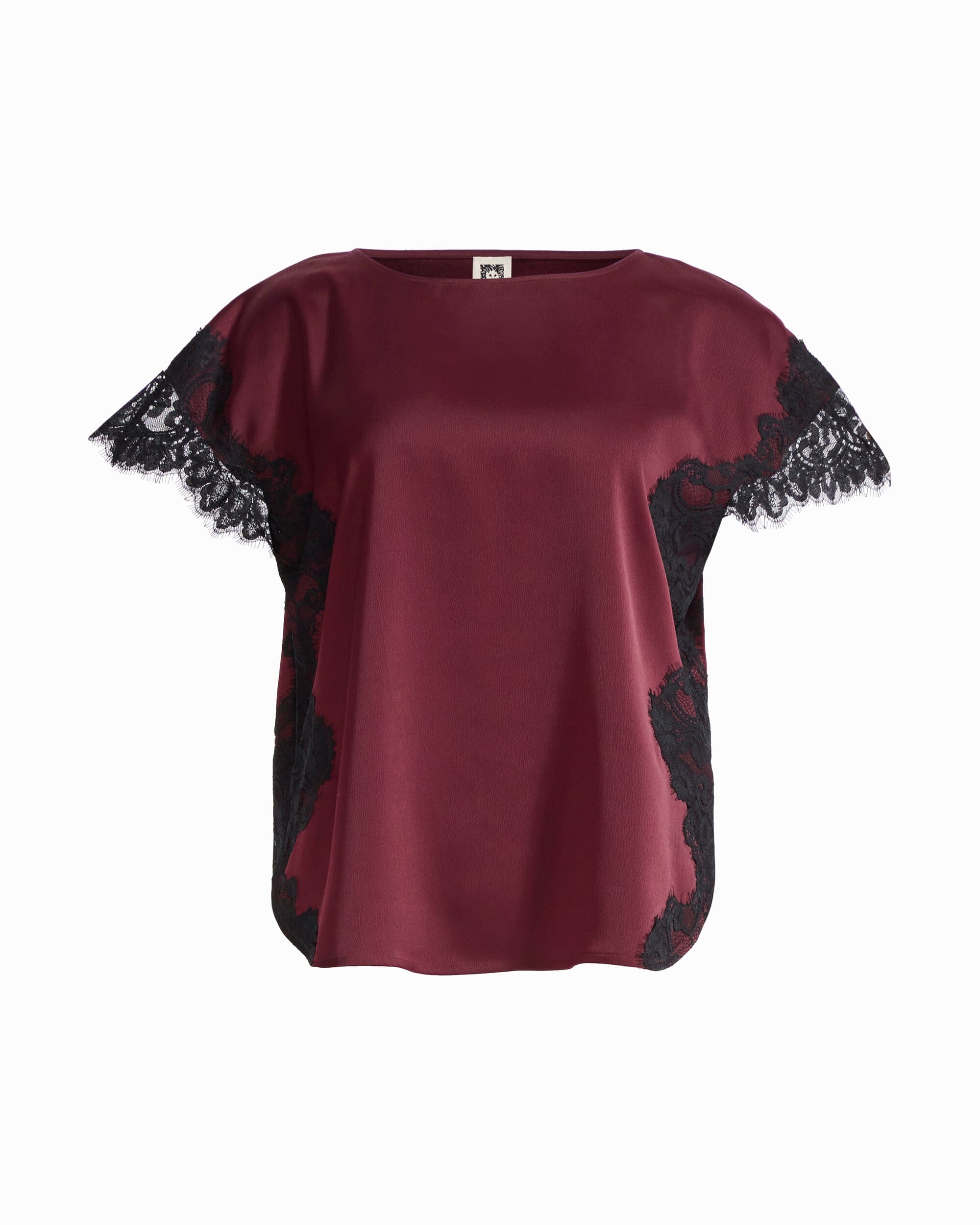 Anne Klein BAROLO Lace Trimmed Short Sleeve Bateau Neck Woven Top