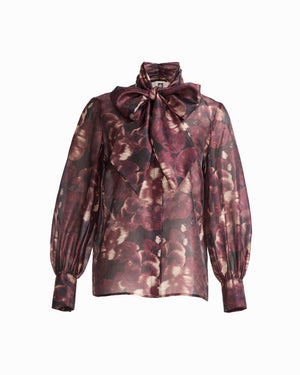 Anne Klein ANNE BLACK MULTI Long Sleeve Button Front Blouse With Neck Bow