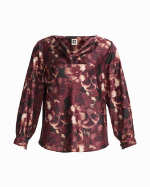 Anne Klein ANNE BLACK MULTI Drape Neck Long Sleeve Blouse with Cuffs