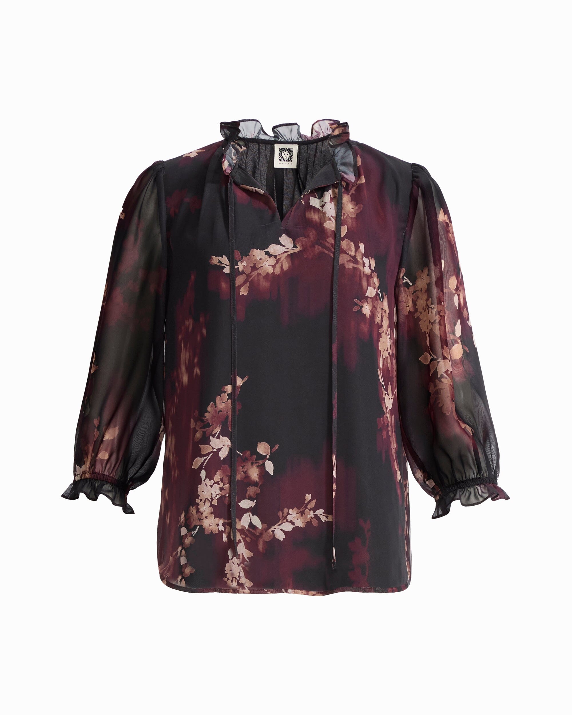 Anne Klein ANNE BLACK MULTI Three-Quarter Shirred Sleeve Ruffle Neck Woven Top
