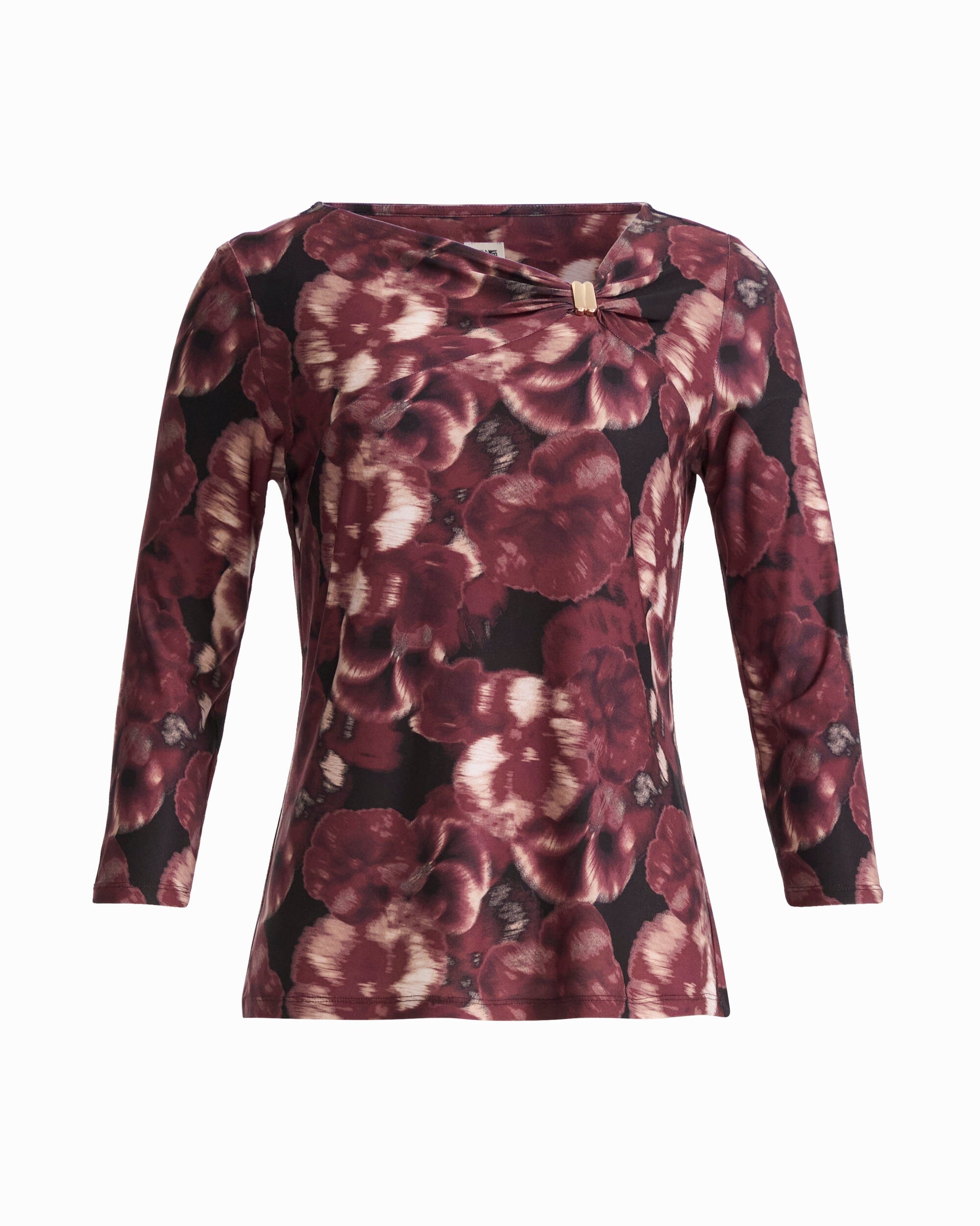 Anne Klein ANNE BLACK MULTI Three-Quarter Sleeve Asymmetric Gathered Twist Knot Hardware Knit Top