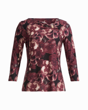 Anne Klein ANNE BLACK MULTI Three-Quarter Sleeve Asymmetric Gathered Twist Knot Hardware Knit Top