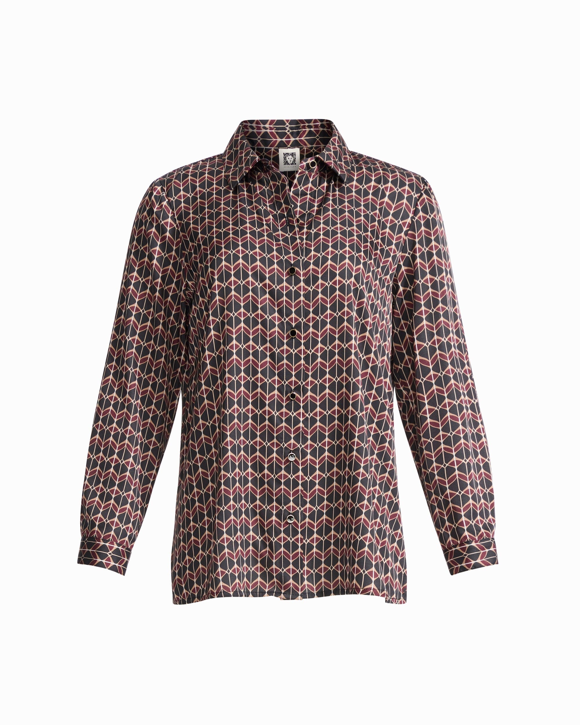 Anne Klein ANNE BLACK MULTI Button-Down Collared Long Bell Sleeve Woven Top