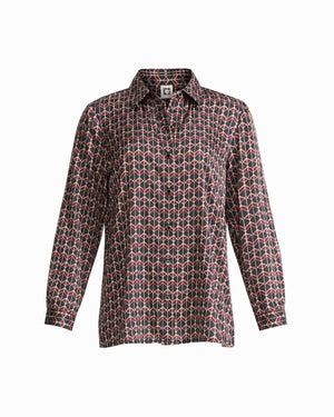 Anne Klein ANNE BLACK MULTI Button-Down Collared Long Bell Sleeve Woven Top