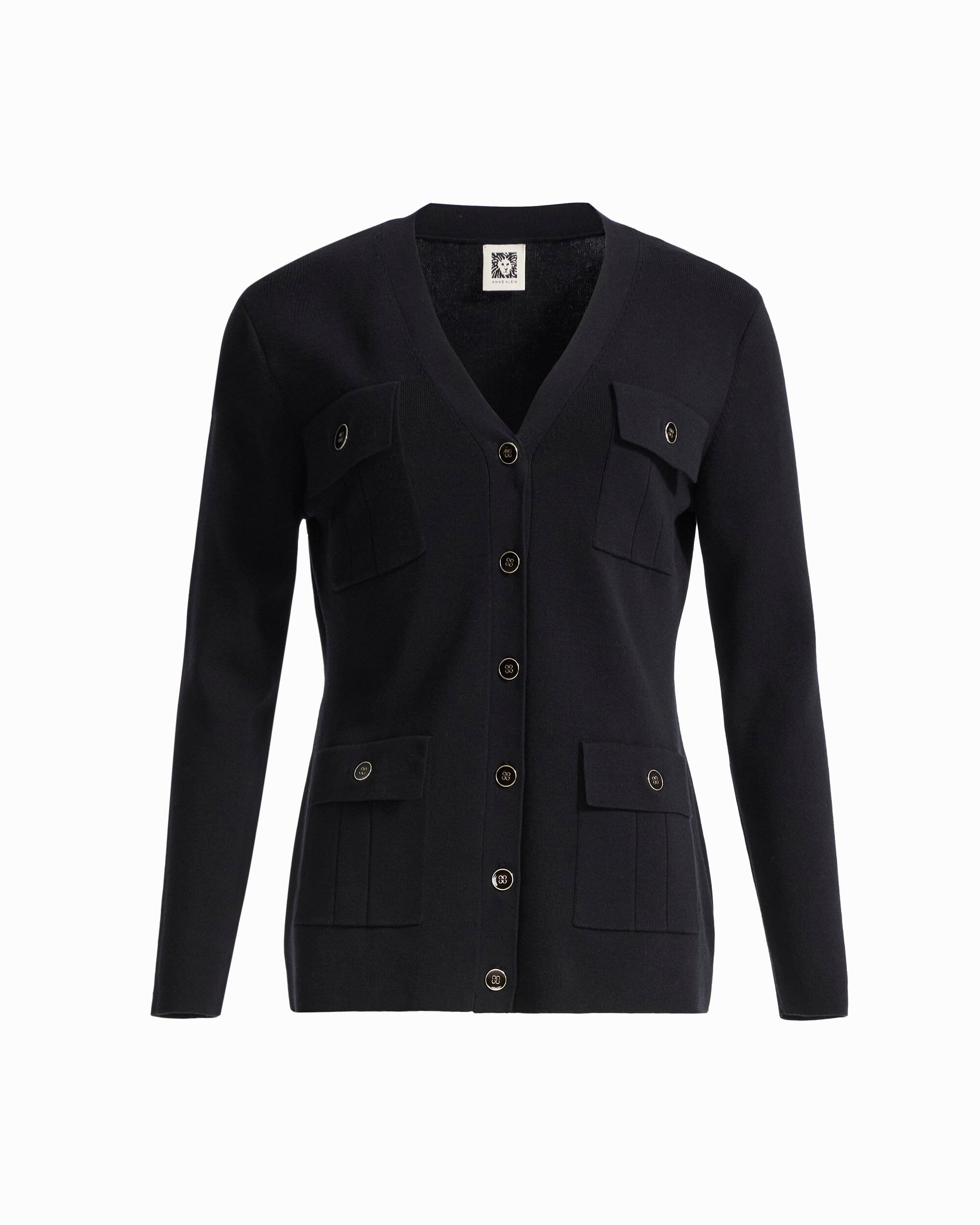 Anne Klein ANNE BLACK Button-Front Cardigan Sweater With Patch Pockets