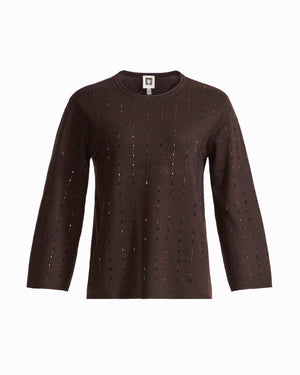 Anne Klein DEEP MAHOGANY Petite Heat Set Crew Neck Long Sleeve Sweater