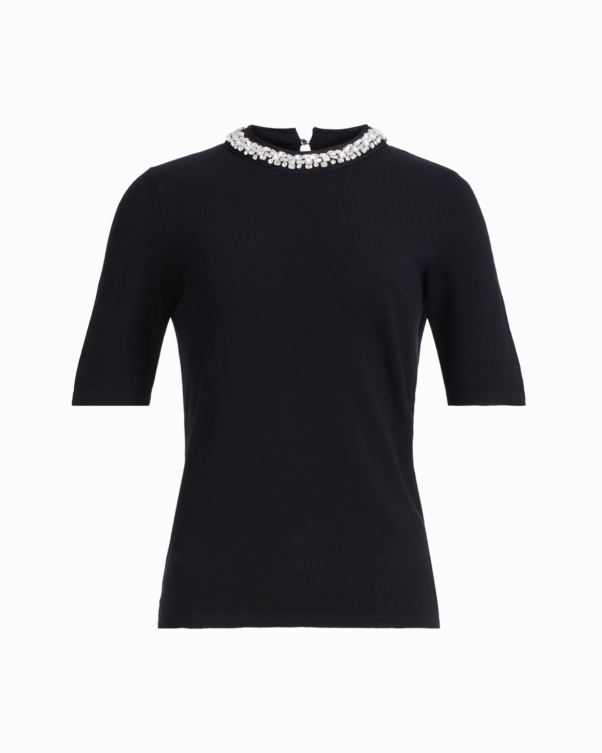 Anne Klein black sweater top with half sleeves and embellished pearl neckline on hanger