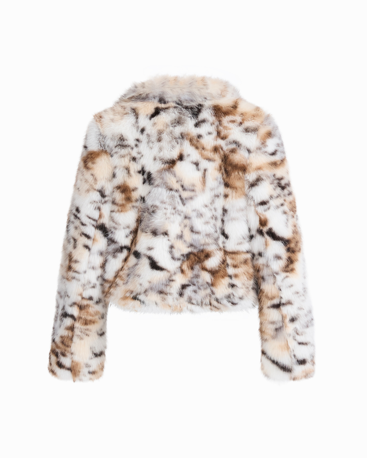 Anne Klein cropped notched faux fur jacket in cream, brown, and black animal print on hanger