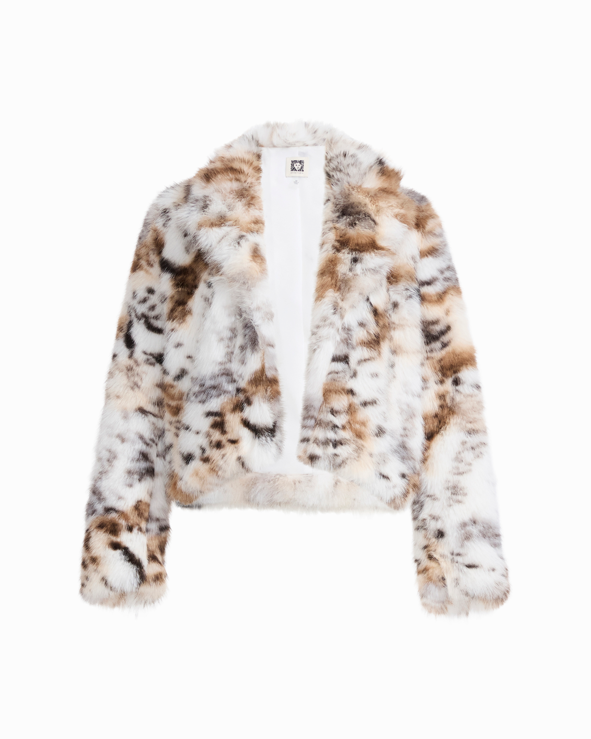 Anne Klein cropped notched faux fur jacket in leopard print brown and white, on hanger