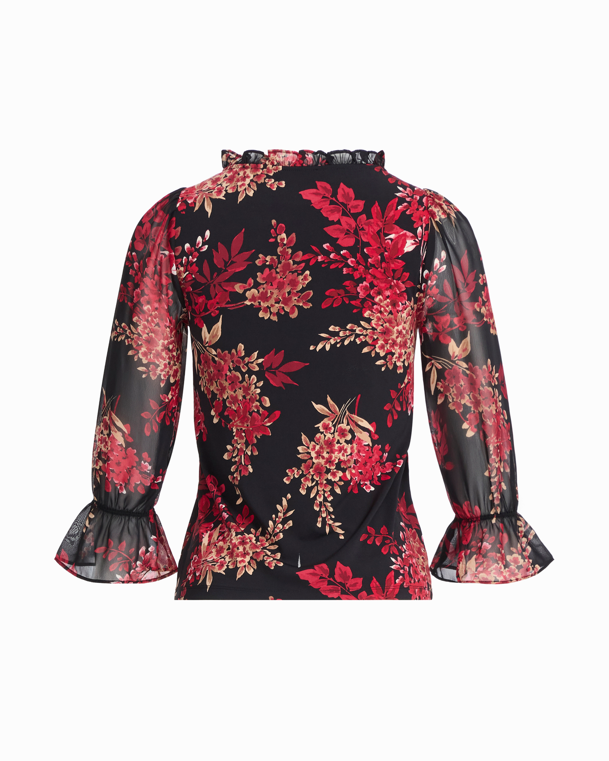 Three-Quarter Puff Sleeve Ruffle Neck Knit Top