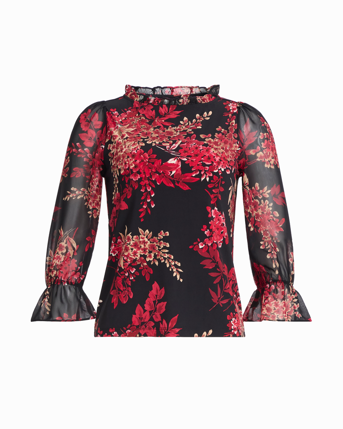 Three-Quarter Puff Sleeve Ruffle Neck Knit Top