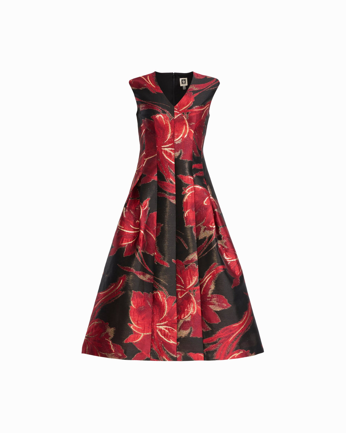 Anne Klein ANNE BLACK MULTI Floral Jacquard V-Neck Fit & Flare Midi Dress