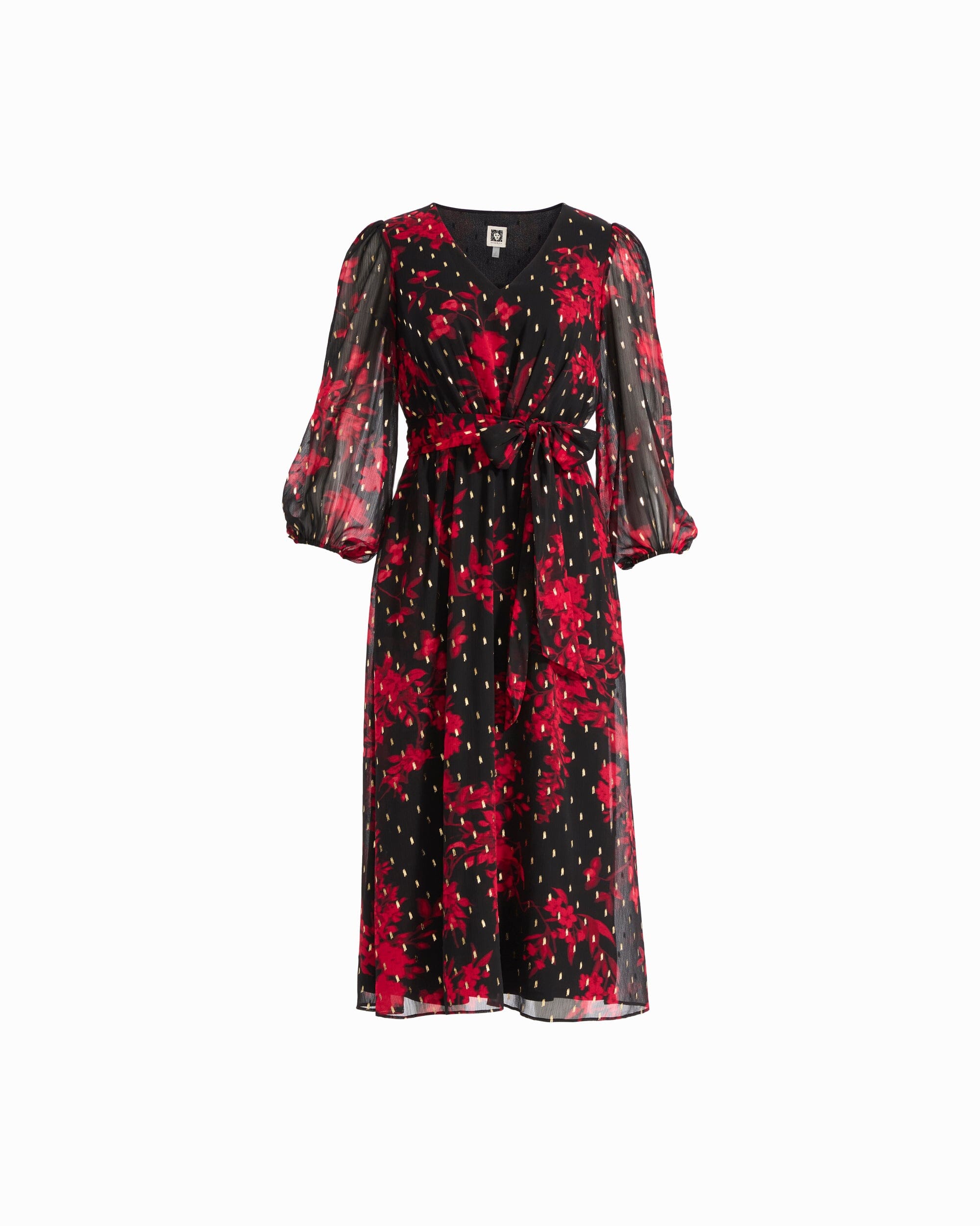 Anne Klein TITAN RED MULTI Printed Chiffon V-Neck Midi Dress