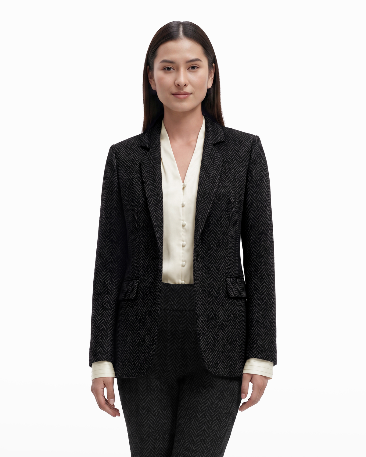 Notch Collar One-Button Jacket with Flap Pockets