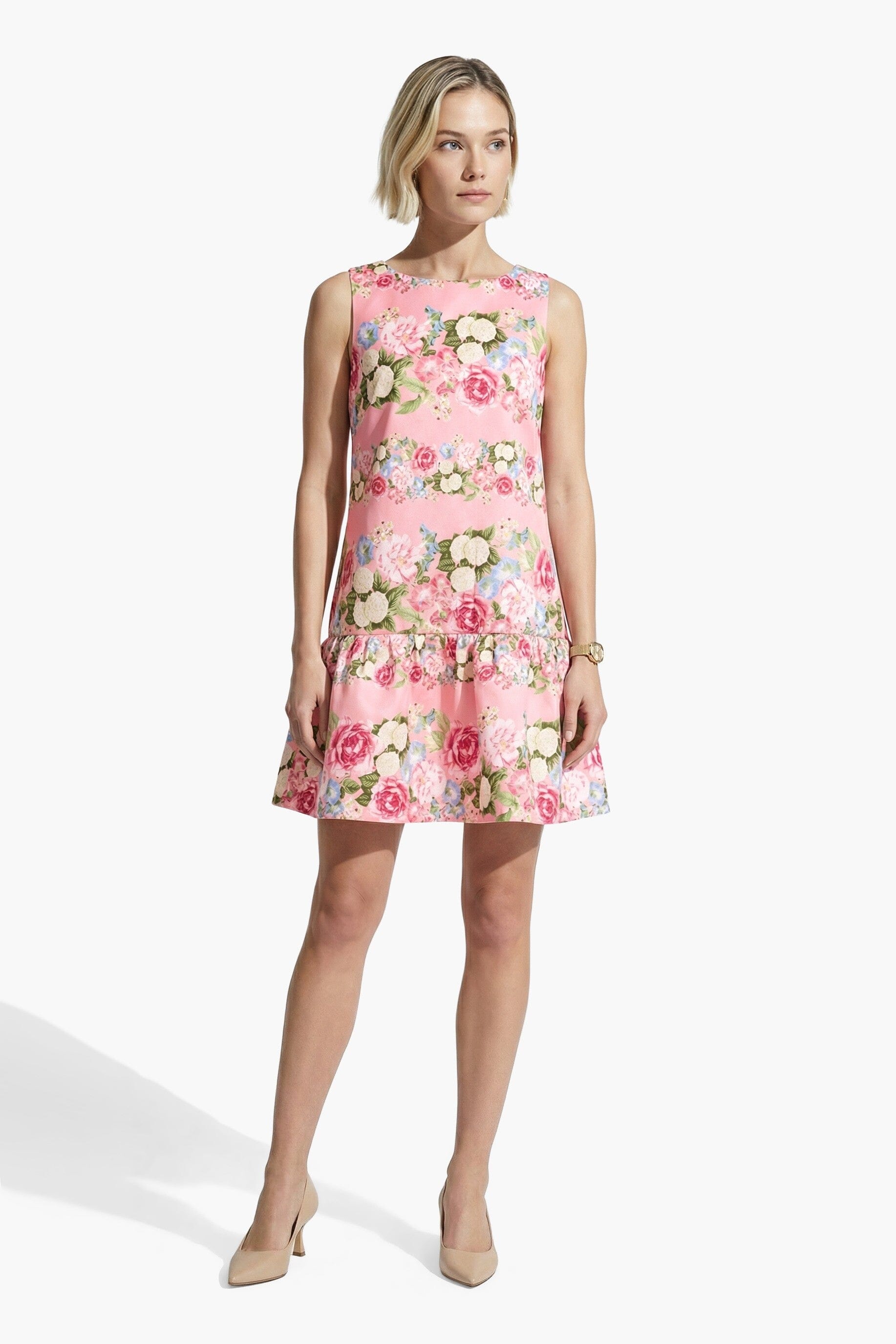 Anne Klein CARNATION PINK MULT Boat Neck Flounce Shift silhouette Dress