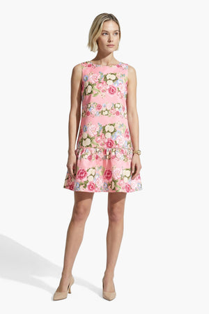 Anne Klein CARNATION PINK MULT Boat Neck Flounce Shift silhouette Dress